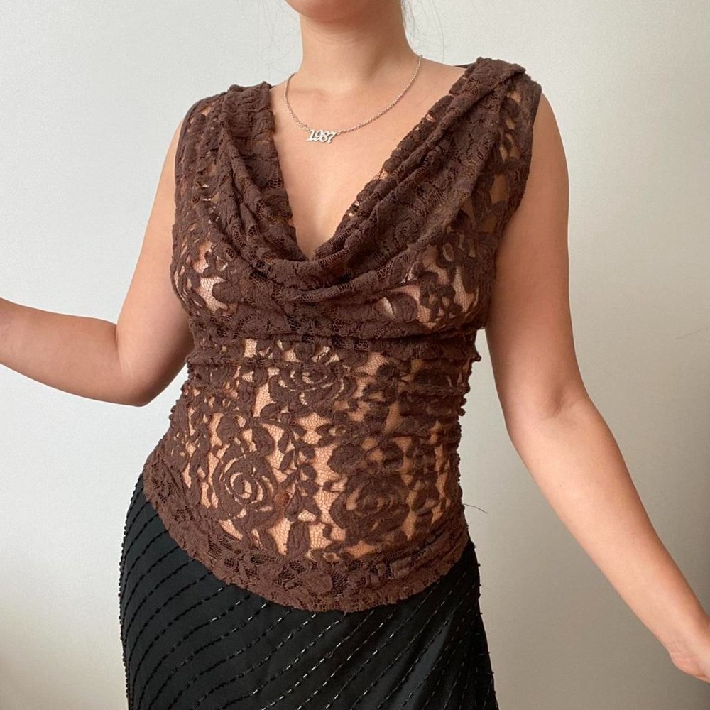 Brown lace cowl neck top